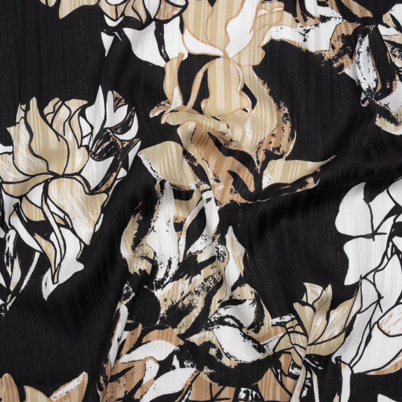 1 Yard Black, Beige & White Floral Burnout Stripes Polyester Crepe Back Satin Fabric 54" Width